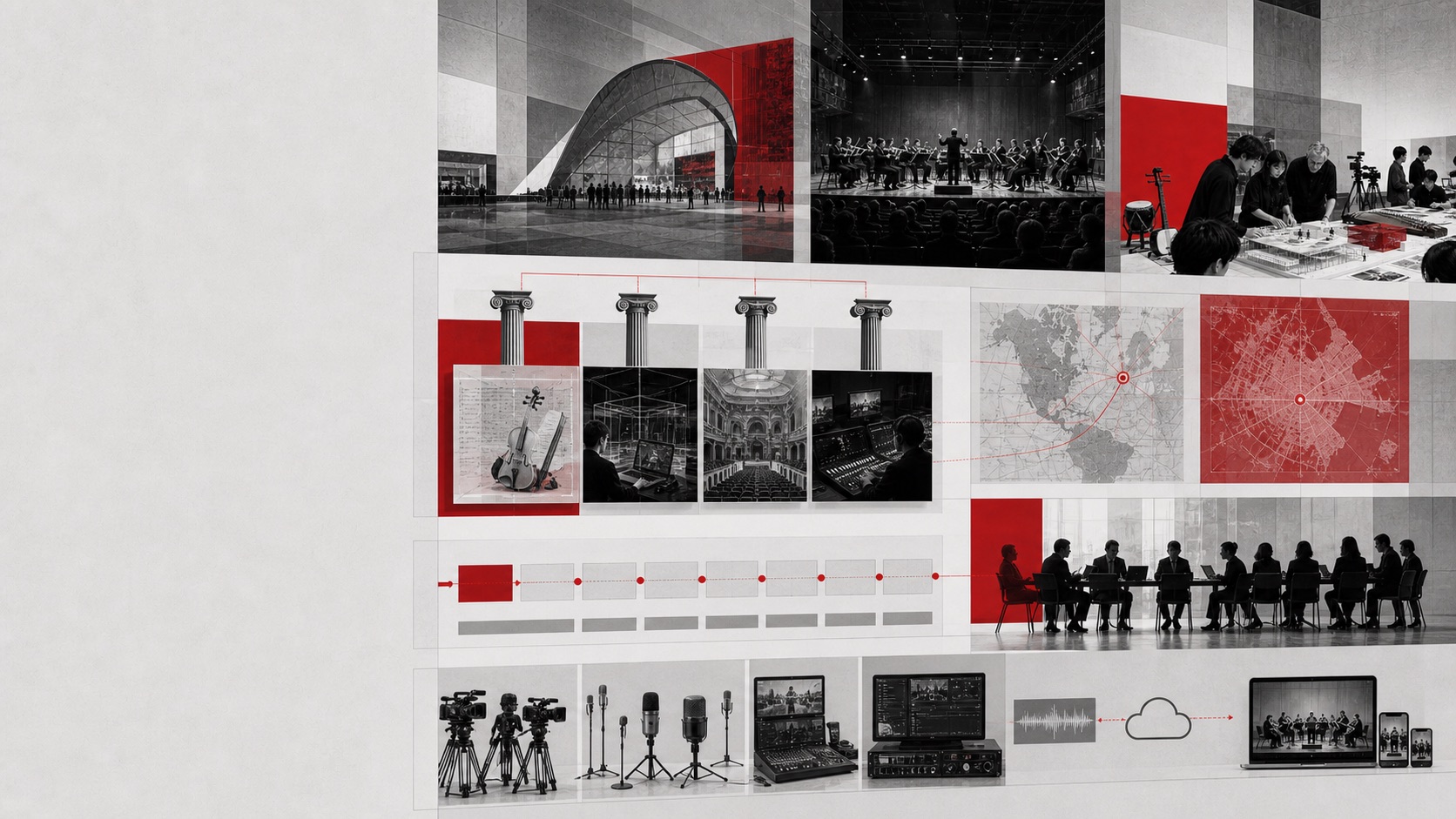Parete di caso studio con performance musicale, consorzio, timeline e componenti tecniche