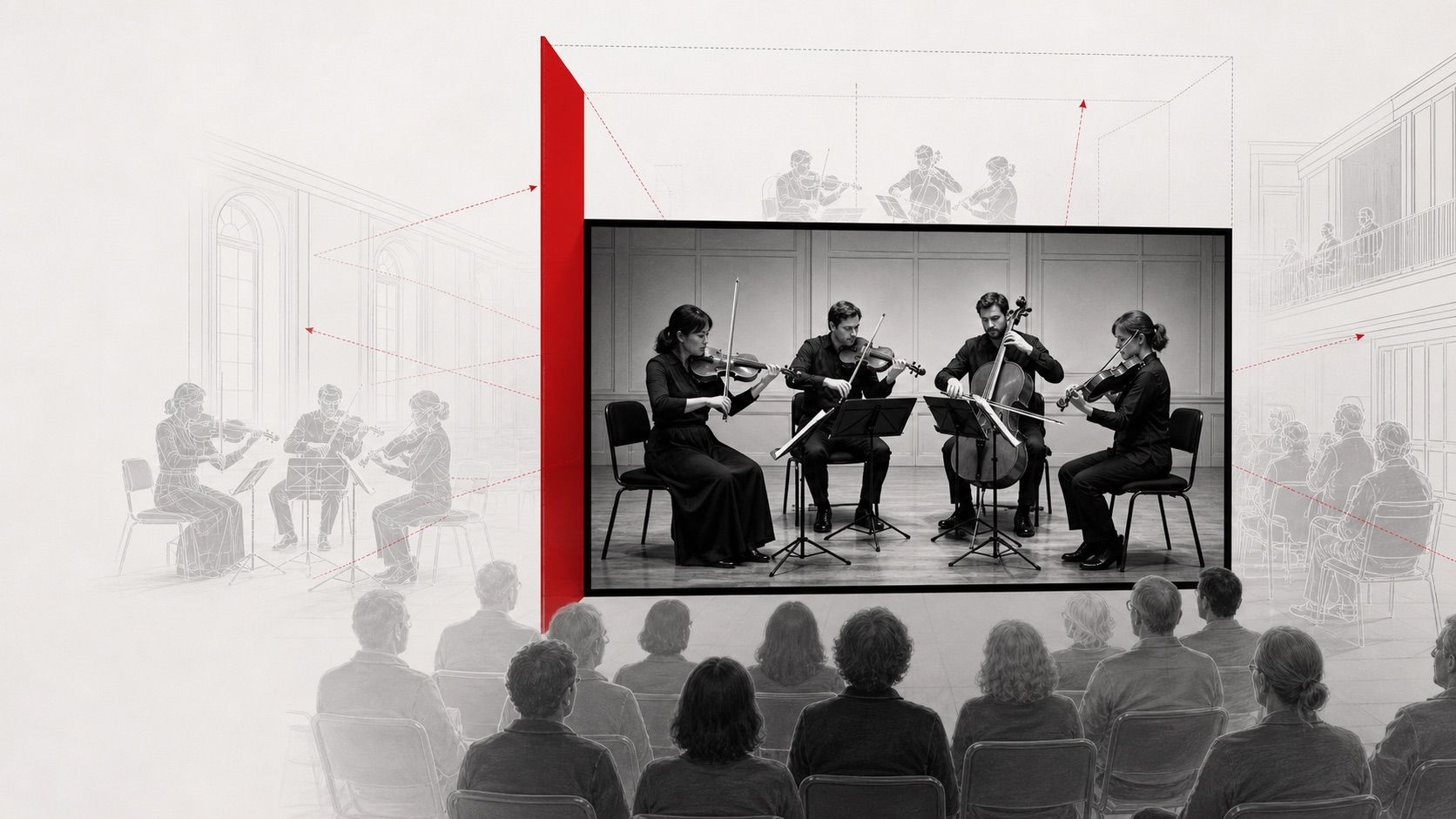 Quartetto d'archi visto dentro un riquadro video mentre lo spazio della sala resta solo suggerito