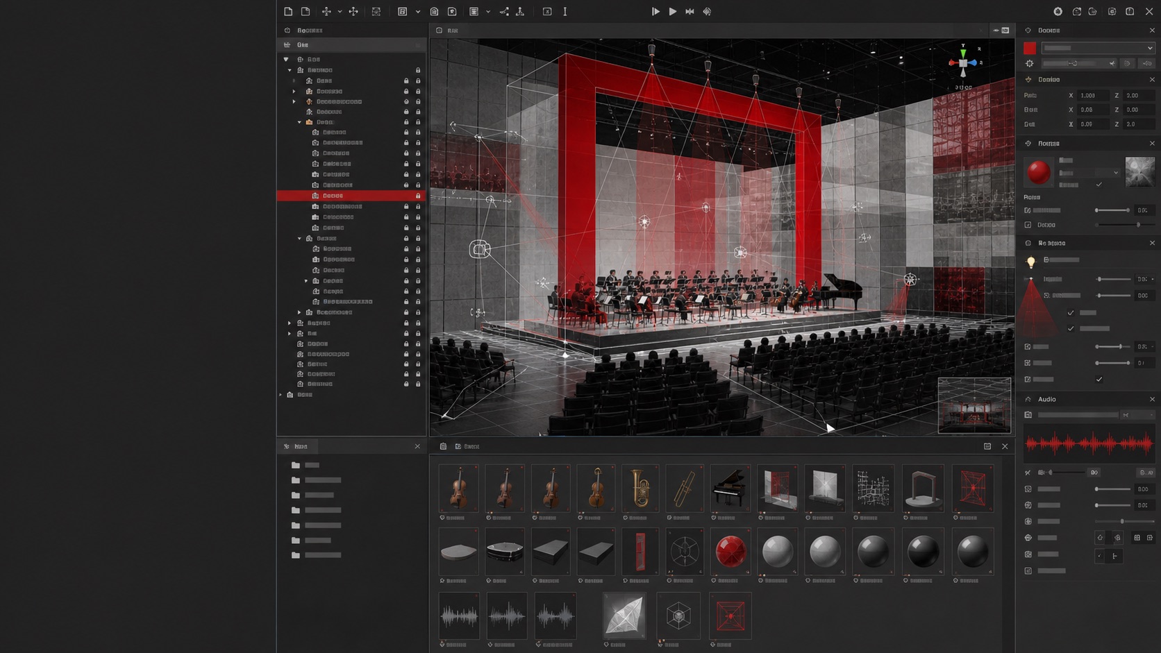 Interfaccia di editor 3D con una sala concertuale virtuale, gerarchia oggetti, asset, materiali, luci e audio
