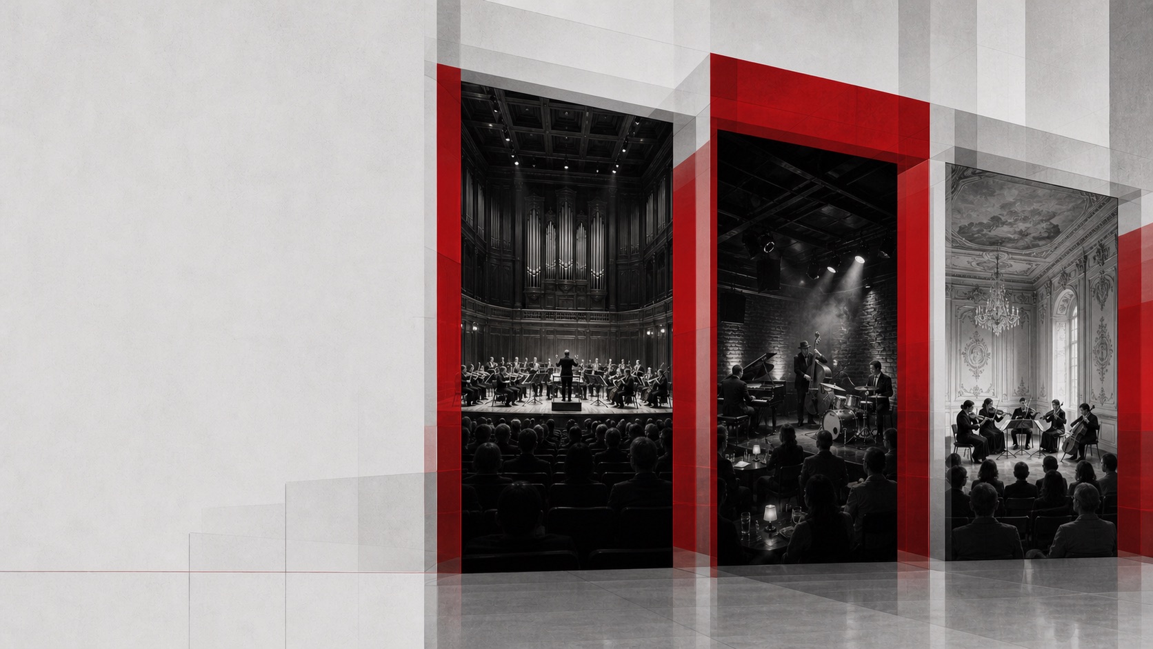 Tre portali architettonici distinti per ambienti sinfonico, jazz e barocco