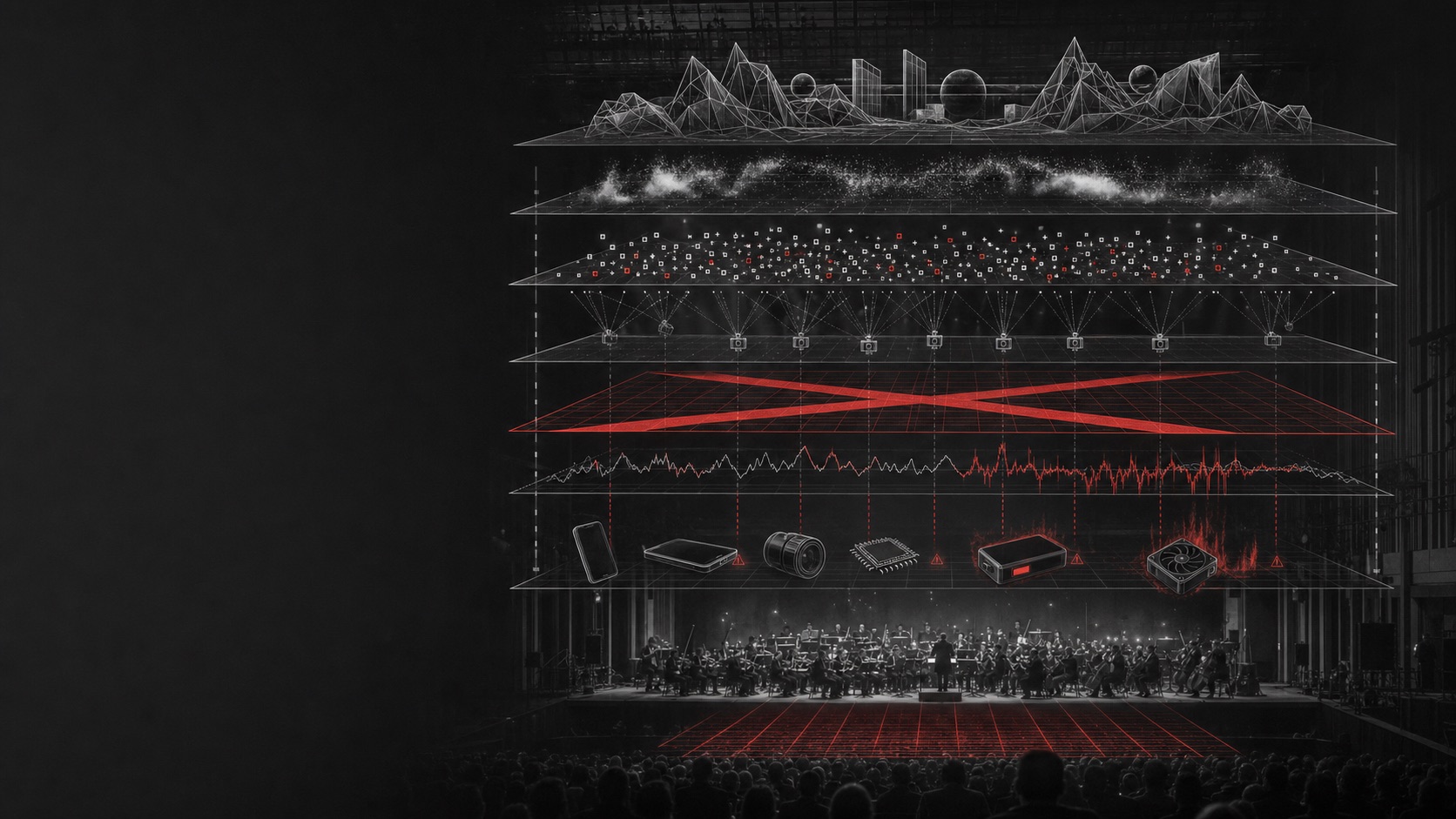 Diagramma esploso di scenografia AR fallita sopra un'orchestra live con tracking e vincoli hardware