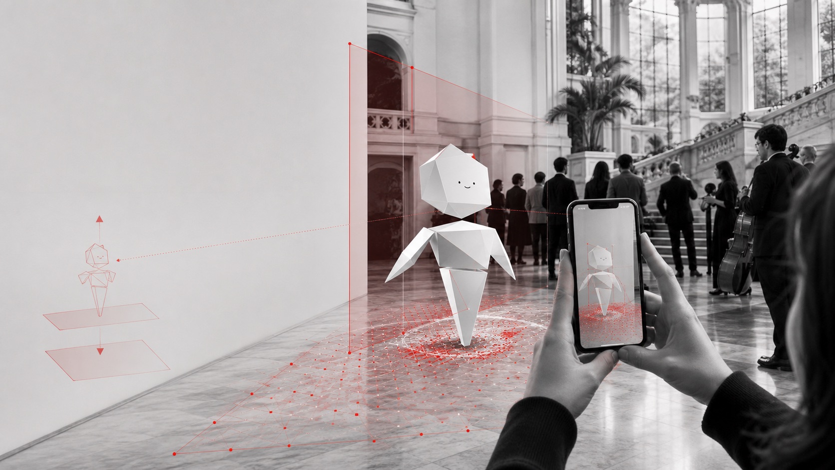 Esperienza AR SLAM in foyer con personaggio geometrico ancorato al pavimento e point cloud