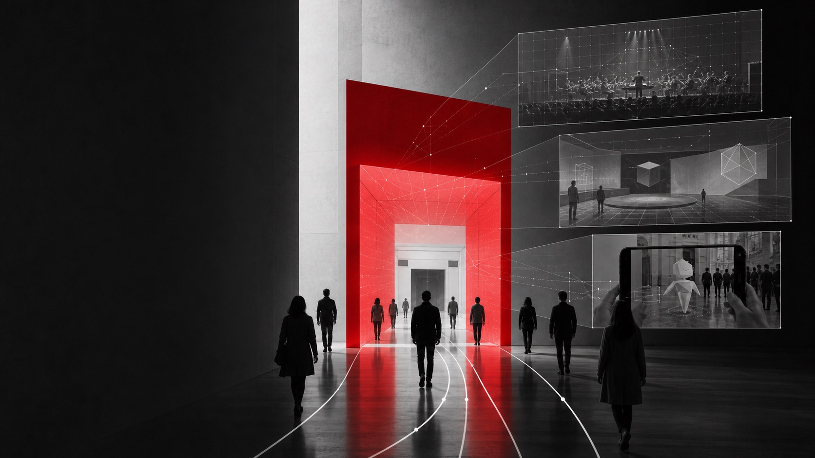 Portale rosso come punto di ingresso unico verso streaming metaversi e realtà aumentata