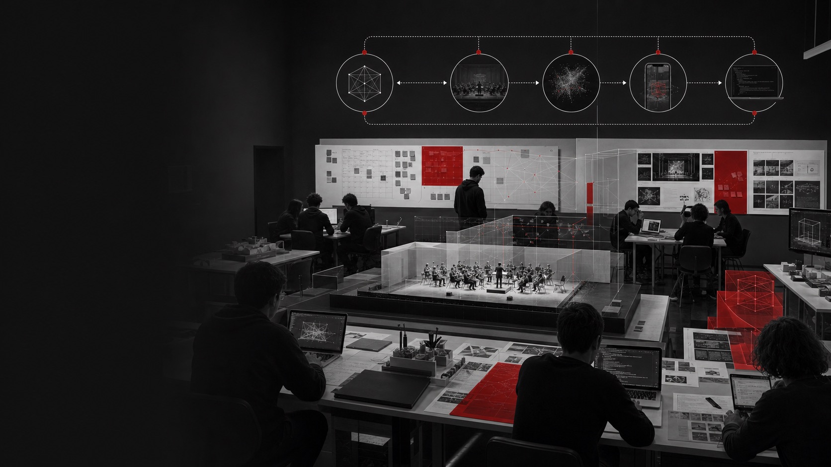 Studio didattico con team di studenti al lavoro su VR AR web asset e documentazione